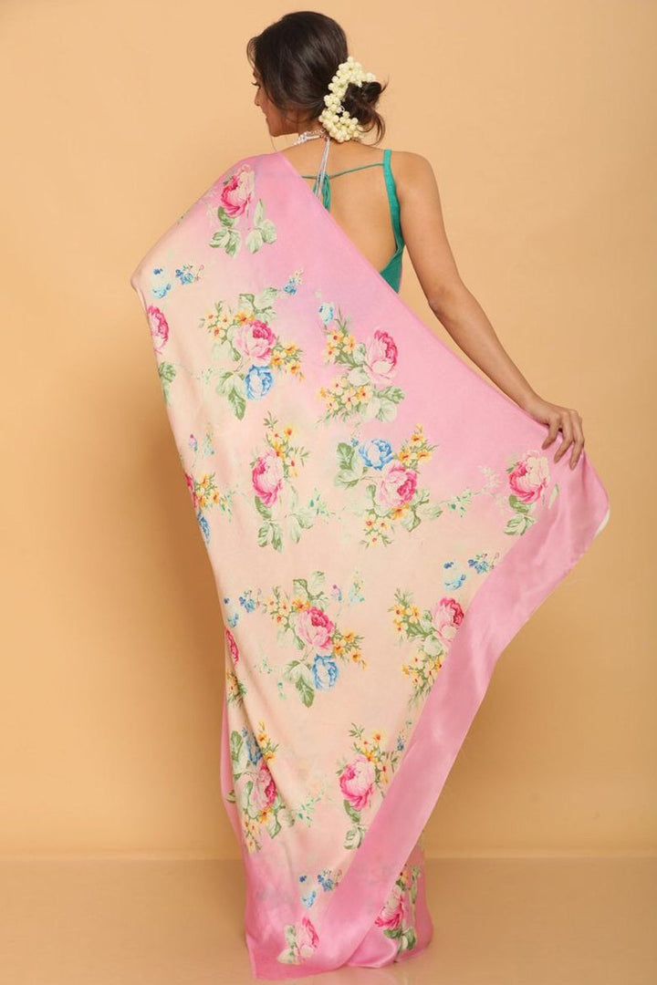 Casual Peach Color Satin Fabric Printed Saree