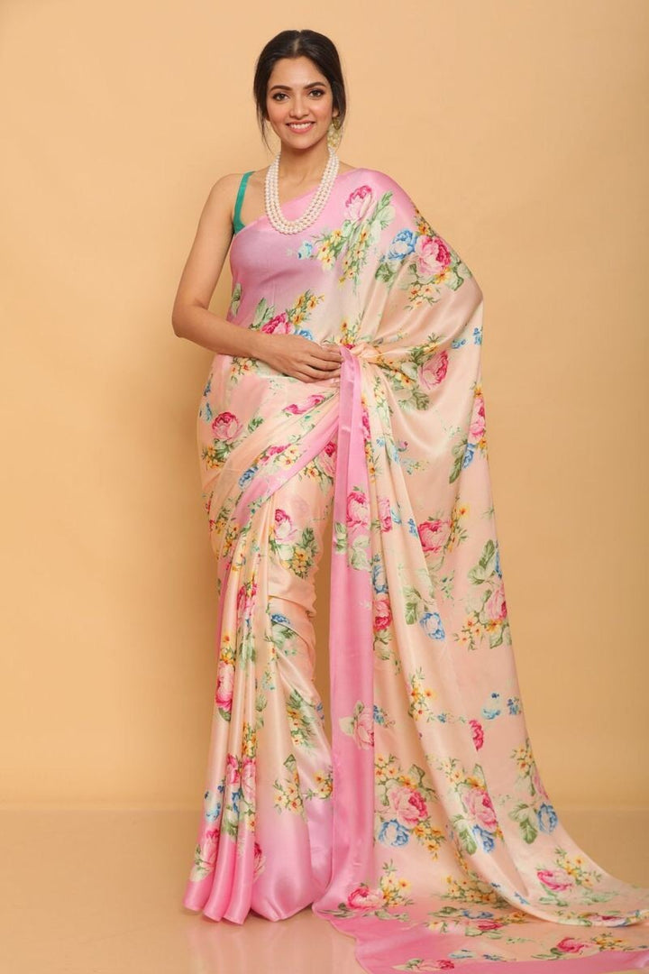 Casual Peach Color Satin Fabric Printed Saree