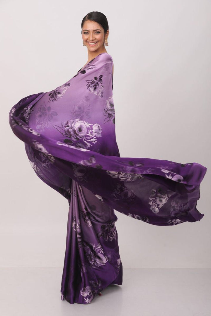 Purple Color Regular Wear Satin Fabric Printed Saree