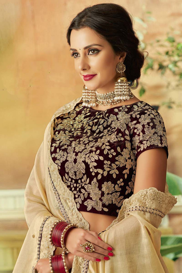 Net Fabric Beige Color Wedding Wear Pleasance Lehenga With Embroidered Work