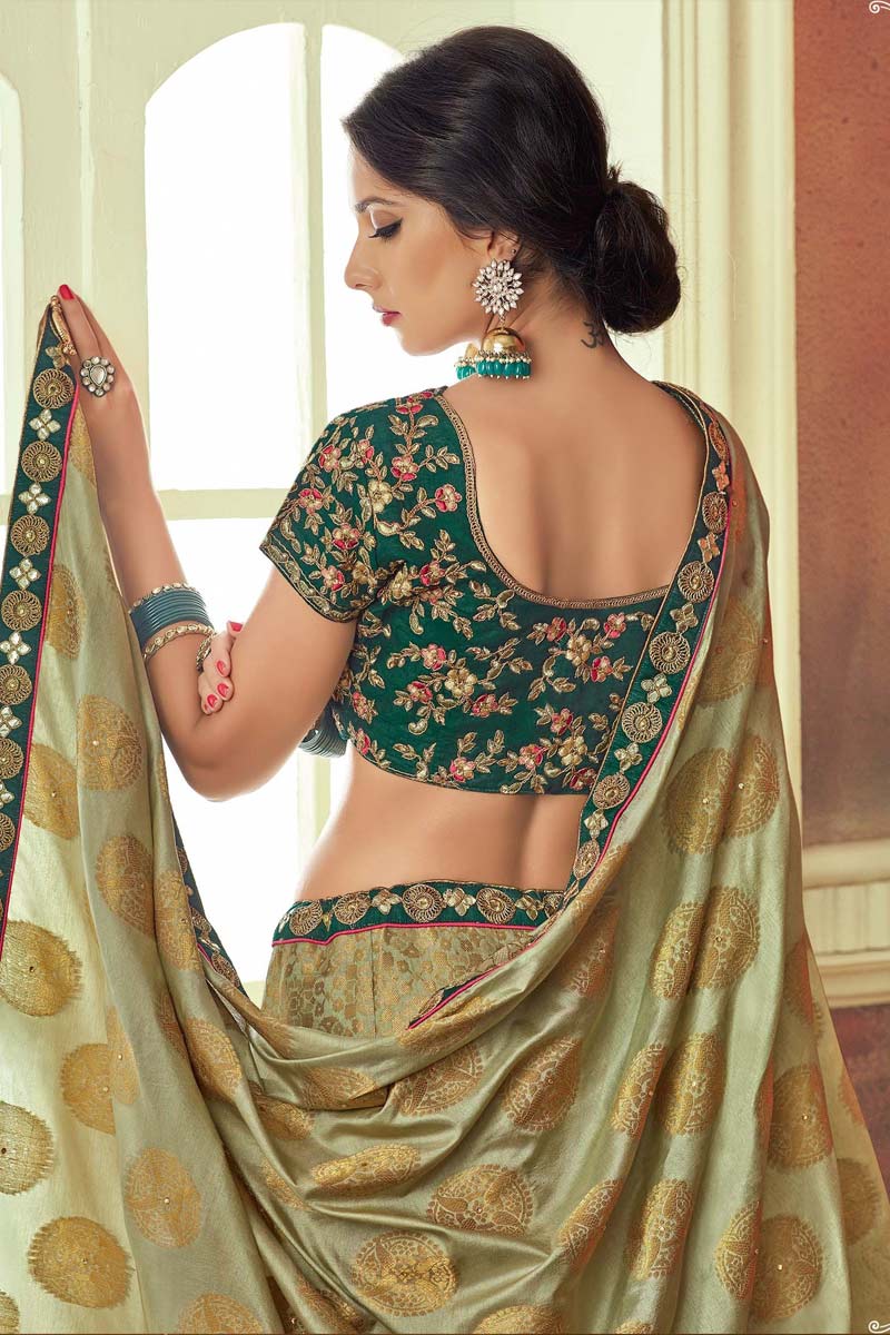 Embroidered Work On Khaki Color Wedding Wear Winsome Lehenga In Jacquard Silk Fabric