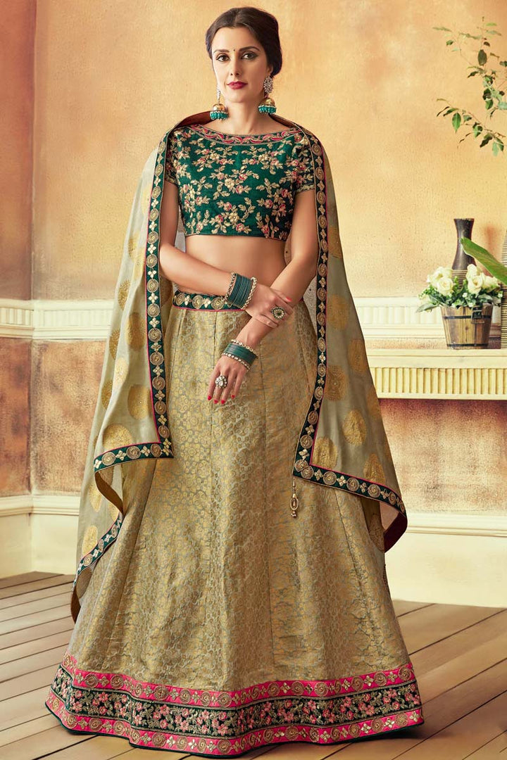 Embroidered Work On Khaki Color Wedding Wear Winsome Lehenga In Jacquard Silk Fabric