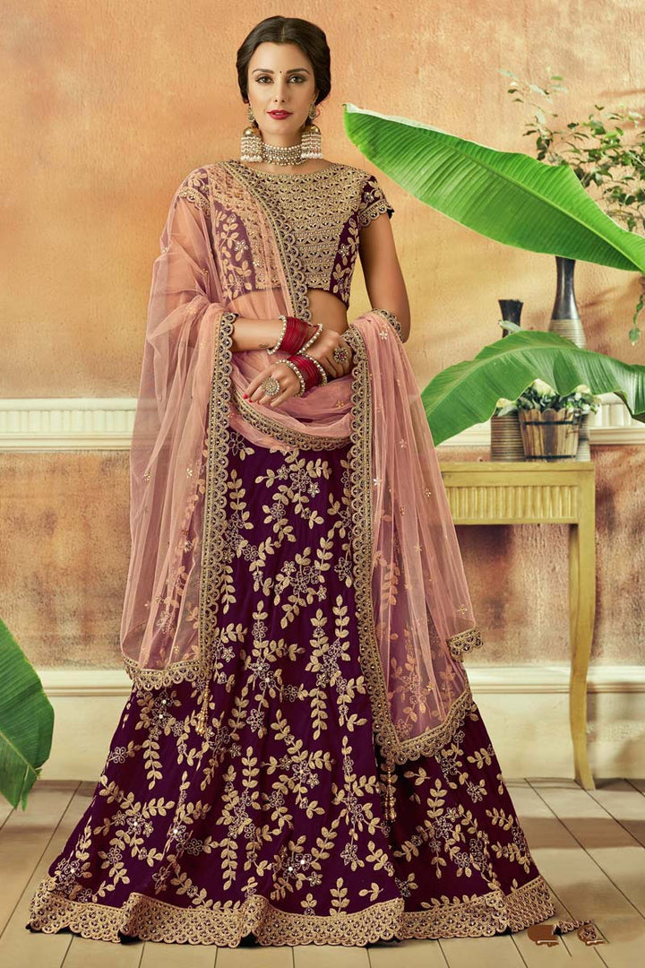 Taffeta Silk Fabric Wedding Wear Superior Lehenga In Wine Color With Embroidered Work