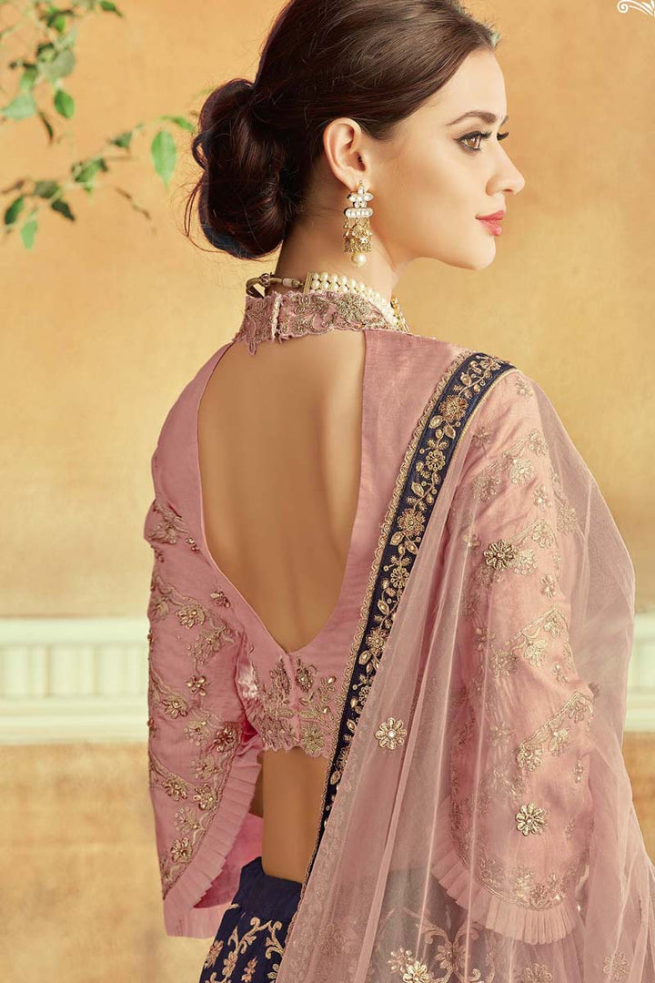 Embroidered Work On Navy Blue Color Wedding Wear Exceptional Lehenga In Taffeta Silk Fabric