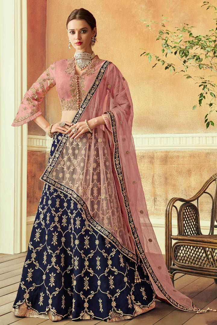 Embroidered Work On Navy Blue Color Wedding Wear Exceptional Lehenga In Taffeta Silk Fabric