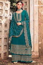 Load image into Gallery viewer, Radiant Teal Color Embroidered Palazzo Suit In Georgette Fabric
