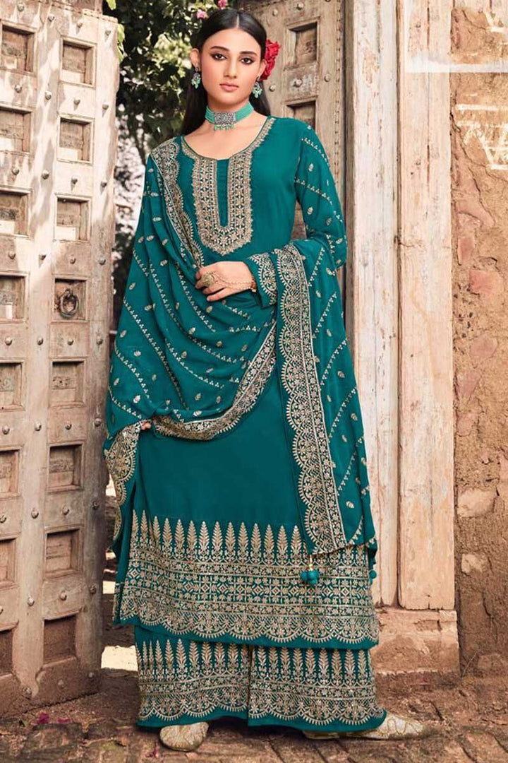 Radiant Teal Color Embroidered Palazzo Suit In Georgette Fabric