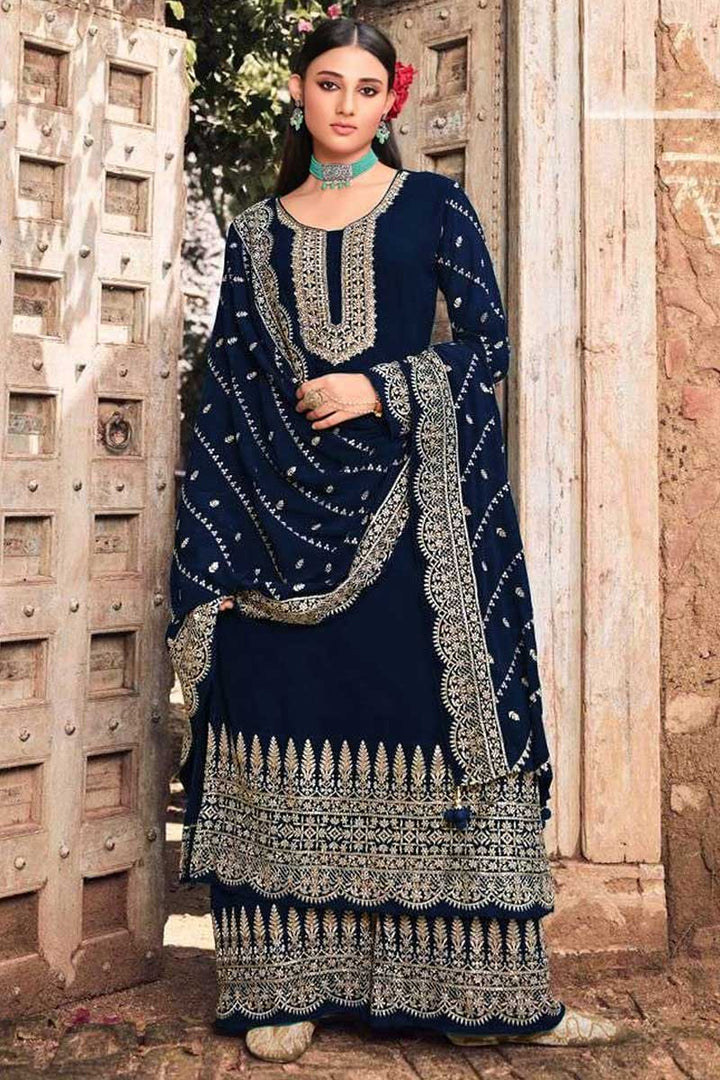 Navy Blue Color Georgette Fabric Attractive Embroidered Palazzo Suit