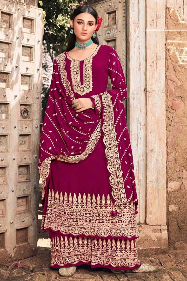 Rani Color Georgette Fabric Elegant Embroidered Palazzo Suit