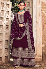 Load image into Gallery viewer, Wine Color Embroidered Trendy Palazzo Suit In Georgette Fabric
