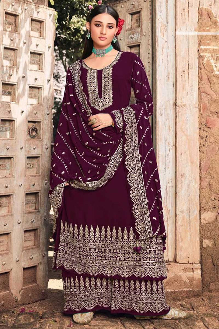 Wine Color Embroidered Trendy Palazzo Suit In Georgette Fabric