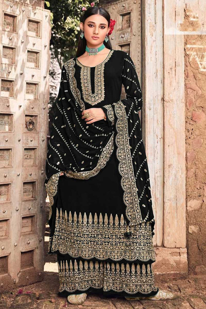 Stunning Black Color Georgette Fabric Embroidered Palazzo Suit