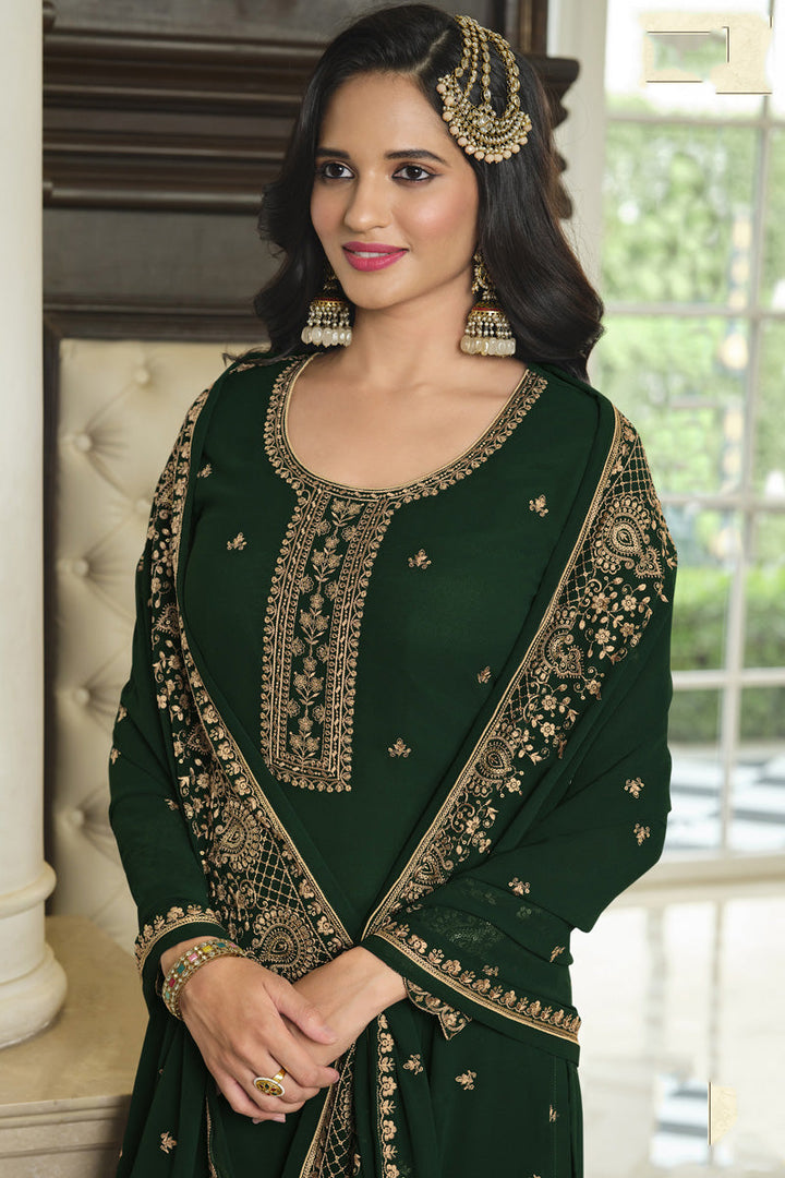 Function Wear Georgette Fabric Brilliant Sharara Suit In Dark Green Color