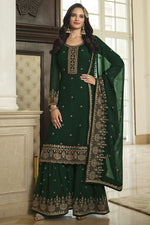 Load image into Gallery viewer, Function Wear Georgette Fabric Brilliant Sharara Suit In Dark Green Color
