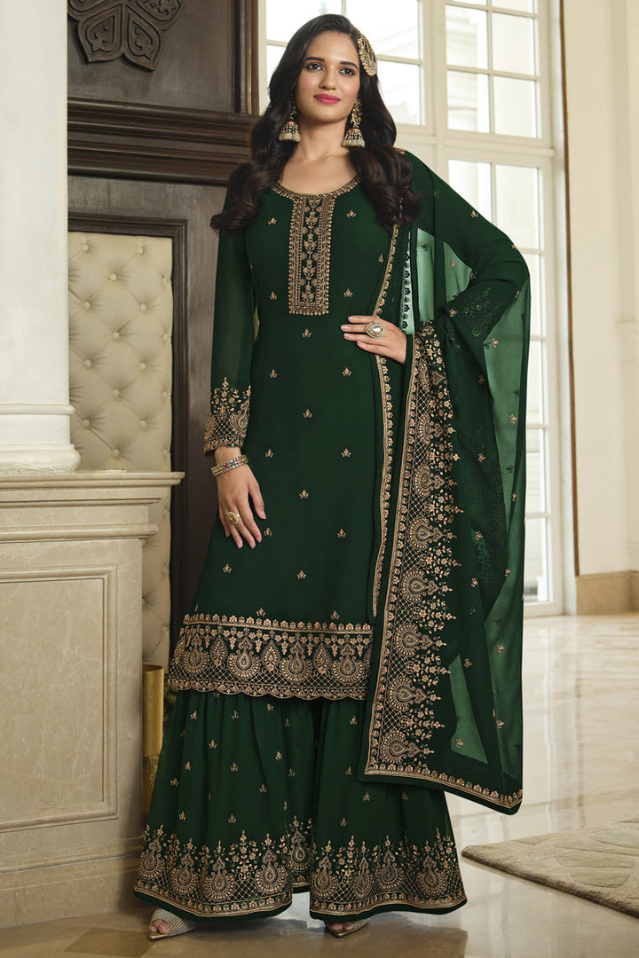 Function Wear Georgette Fabric Brilliant Sharara Suit In Dark Green Color