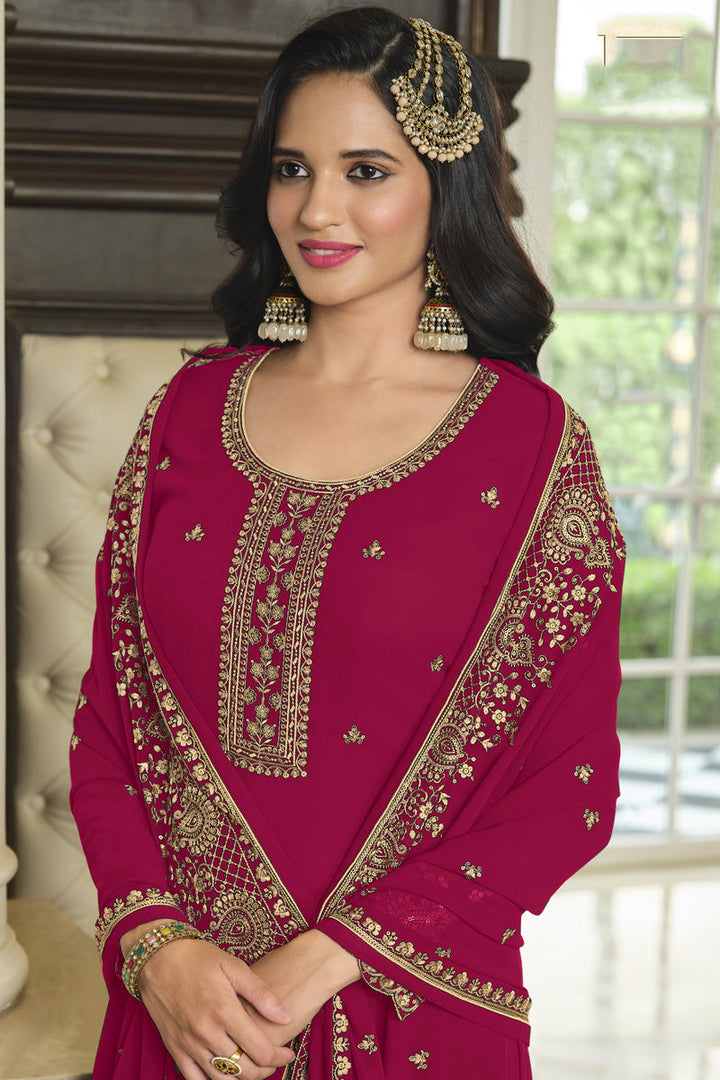 Georgette Fabric Rani Color Stunning Sharara Suit In Function Wear