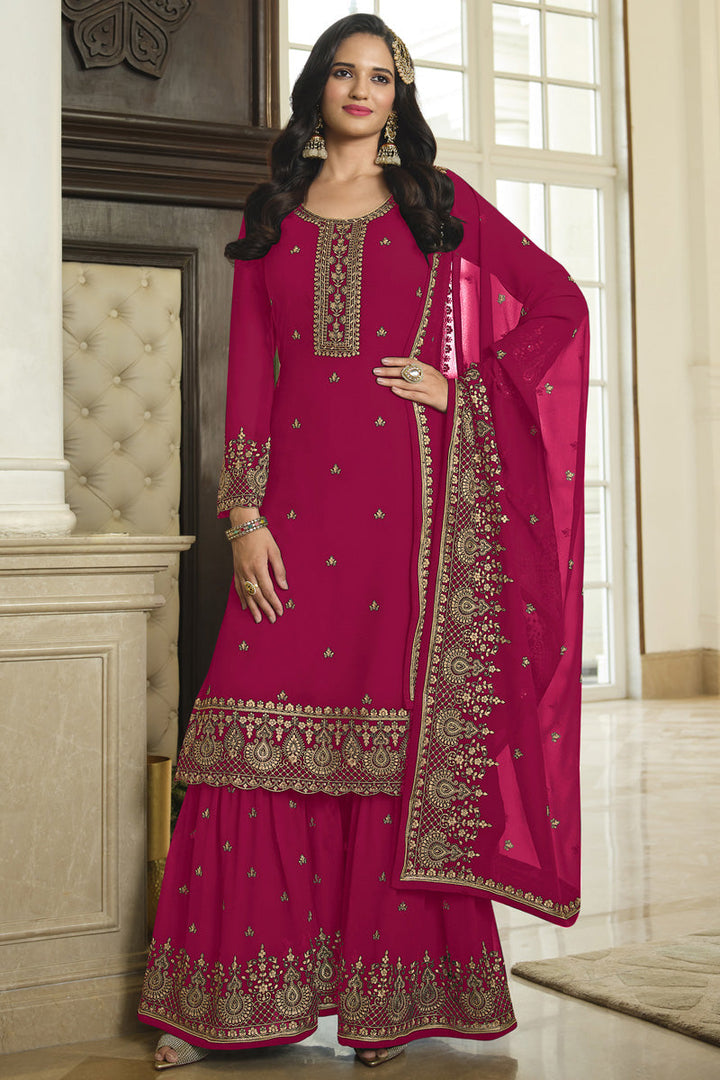 Georgette Fabric Rani Color Stunning Sharara Suit In Function Wear