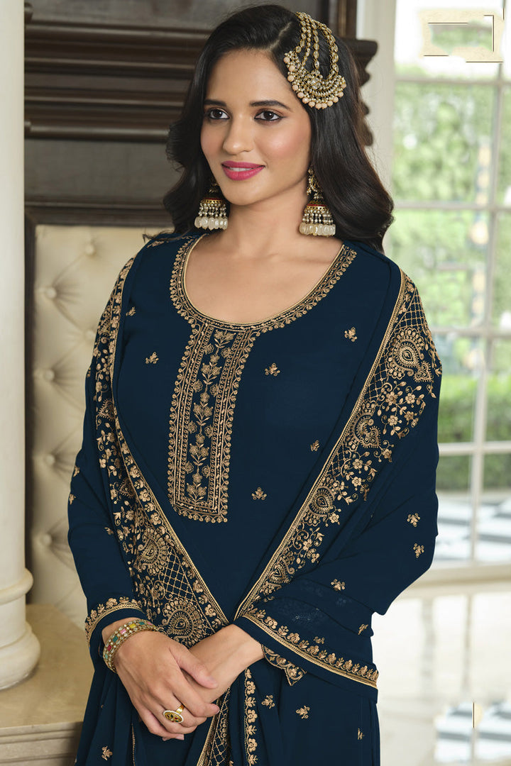 Teal Color Function Wear Sharara Suit In Charming Georgette Fabric