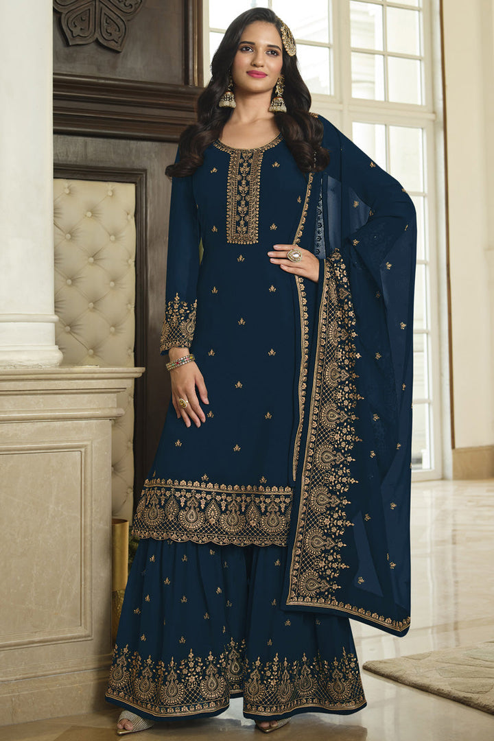 Teal Color Function Wear Sharara Suit In Charming Georgette Fabric