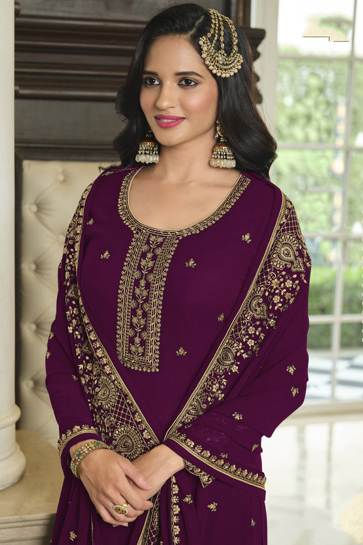 Blazing Purple Color Function Wear Georgette Fabric Sharara Suit