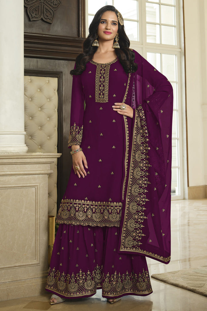 Blazing Purple Color Function Wear Georgette Fabric Sharara Suit
