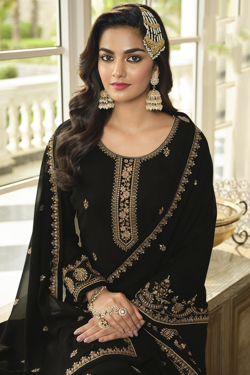Georgette Fabric Ravishing Function Wear Black Color Sharara Suit