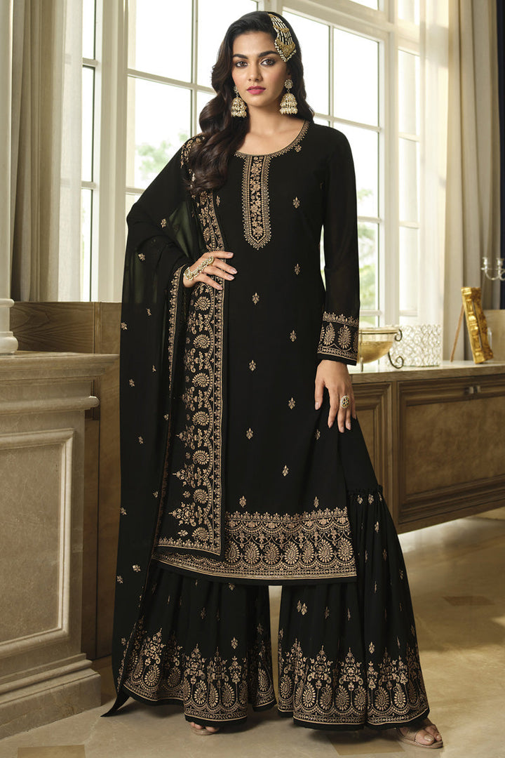 Georgette Fabric Ravishing Function Wear Black Color Sharara Suit