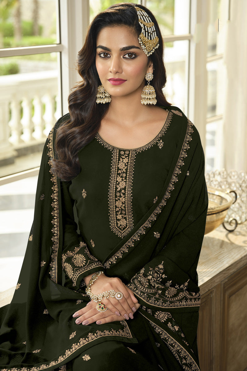 Function Wear Mehendi Green Color Georgette Fabric Tempting Sharara Suit