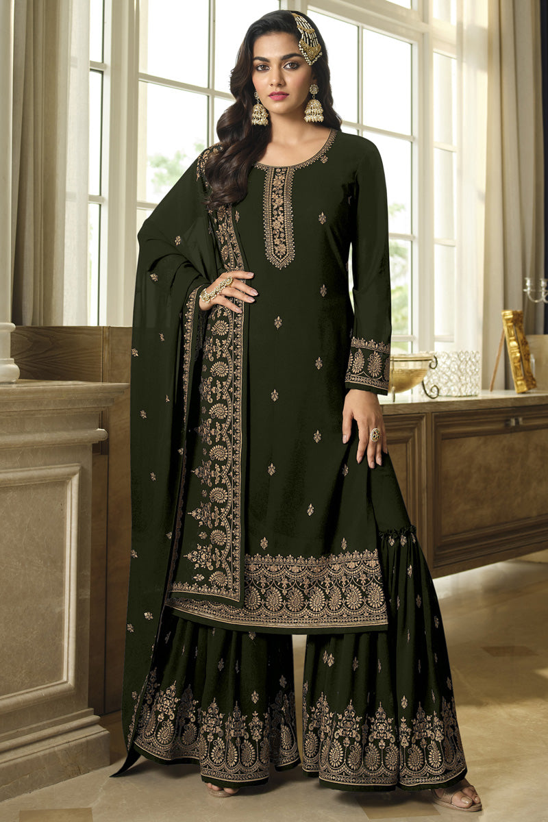Function Wear Mehendi Green Color Georgette Fabric Tempting Sharara Suit