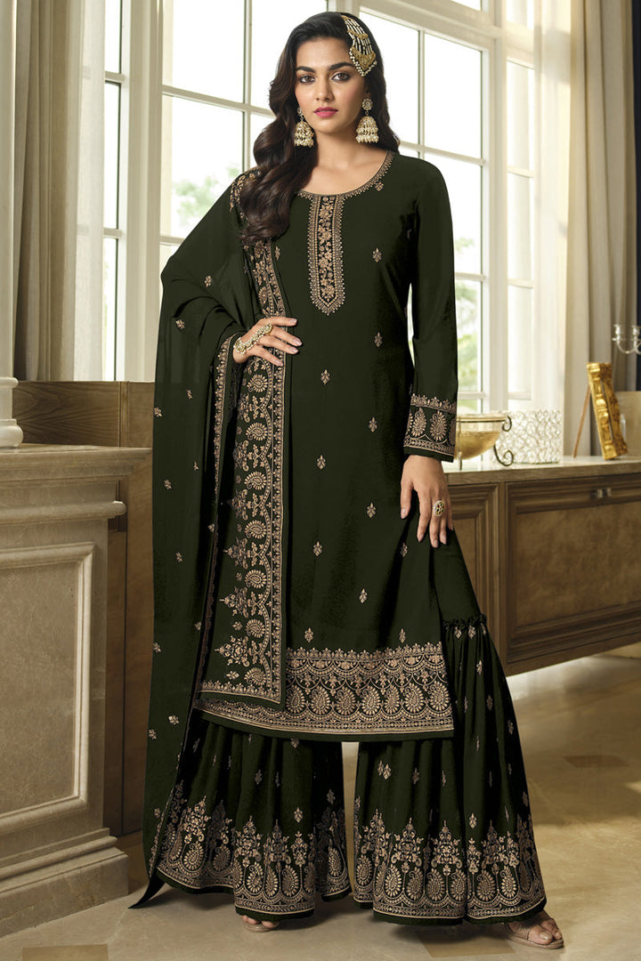 Function Wear Mehendi Green Color Georgette Fabric Tempting Sharara Suit
