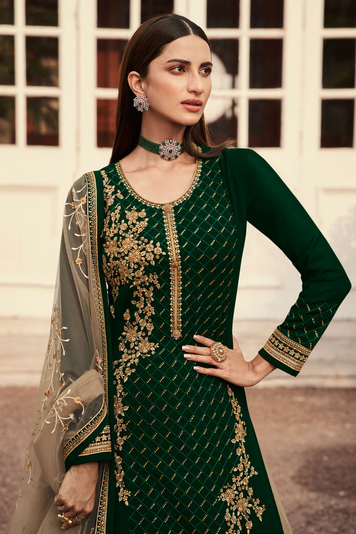 Captivating Dark Green Color Function Wear Georgette Sharara Top Lehenga
