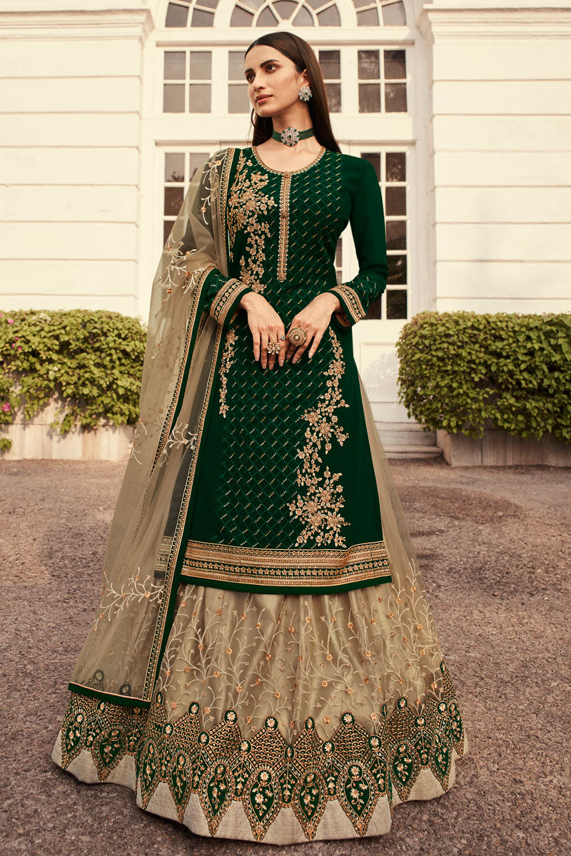 Captivating Dark Green Color Function Wear Georgette Sharara Top Lehenga
