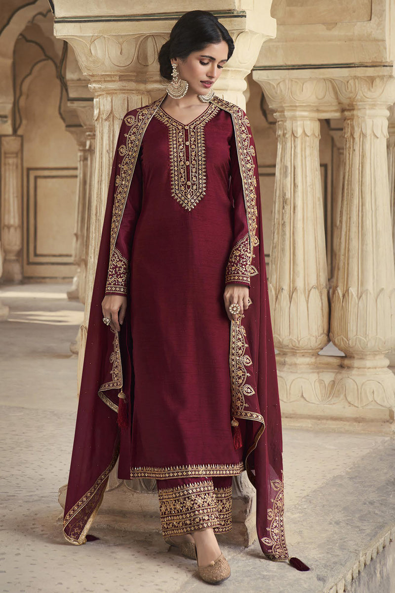 Maroon Color Art Silk Ravishing Embroidered Salwar Suit