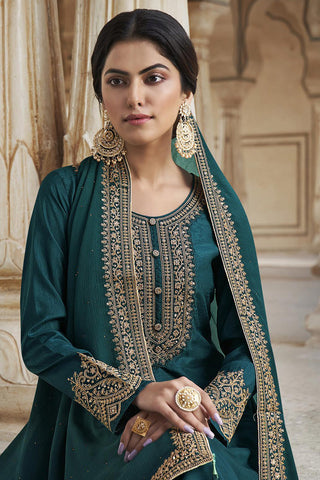 Dark Green Color Art Silk Tempting Embroidered Salwar Suit