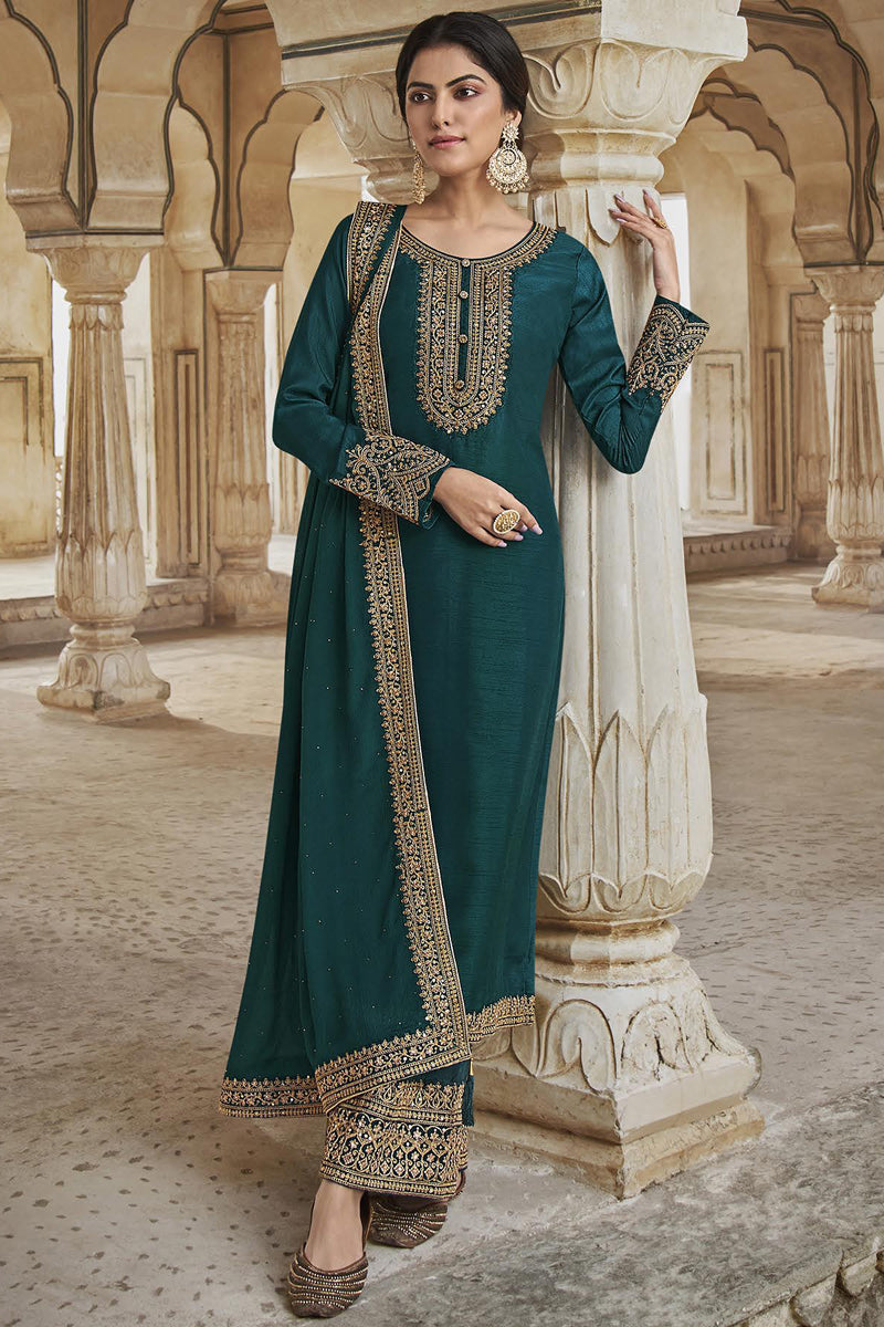 Dark Green Color Art Silk Tempting Embroidered Salwar Suit