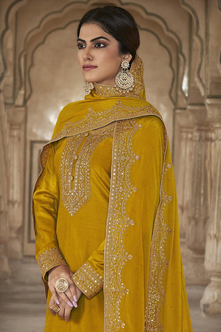 Mustard Color Wonderful Embroidered Salwar Suit In Art Silk Fabric
