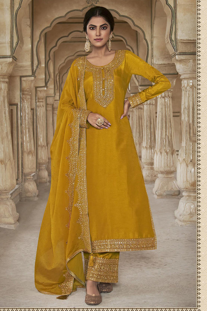 Mustard Color Wonderful Embroidered Salwar Suit In Art Silk Fabric