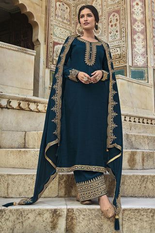 Art Silk Beguiling Teal Color Embroidered Salwar Suit