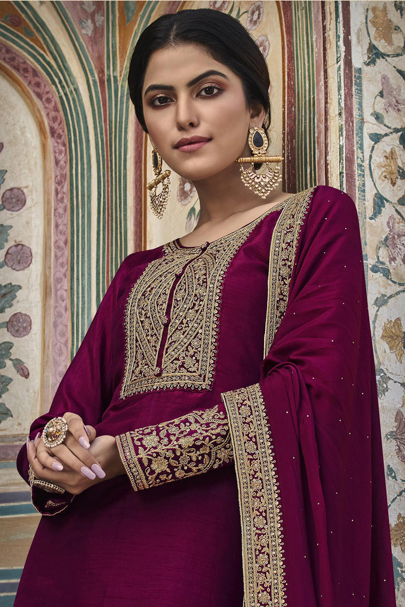 Burgundy Color Art Silk Embellished Embroidered Salwar Suit