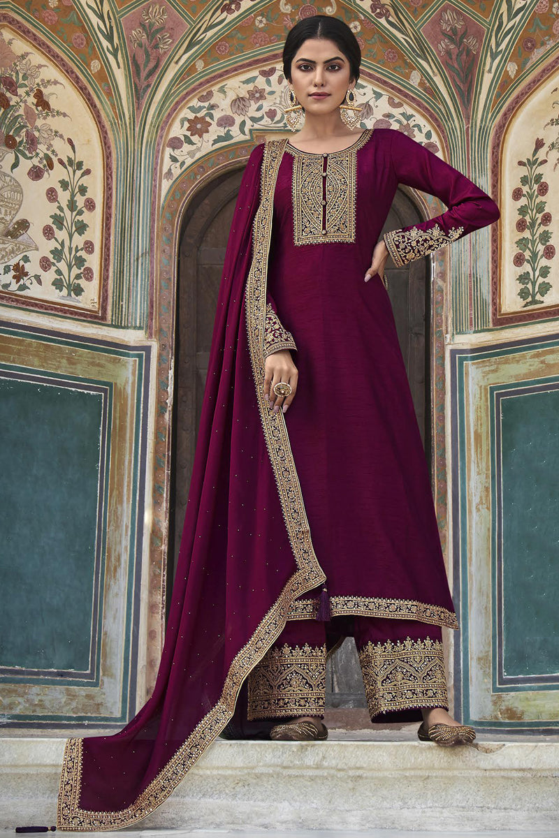 Burgundy Color Art Silk Embellished Embroidered Salwar Suit