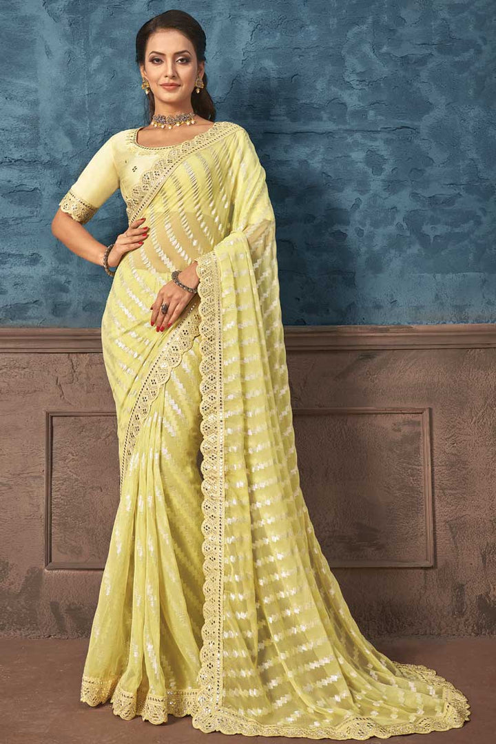Yellow Color Georgette Fabric Party Style Divine Saree