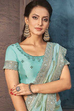 Load image into Gallery viewer, Party Style Light Cyan Color Inventive Saree In Georgette Fabric

