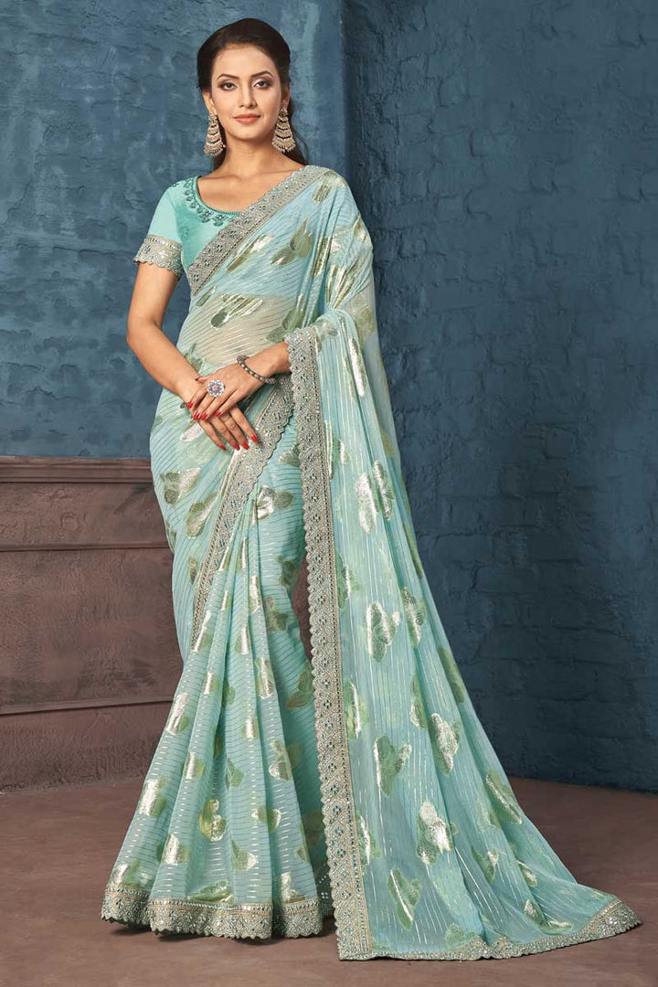 Party Style Light Cyan Color Inventive Saree In Georgette Fabric