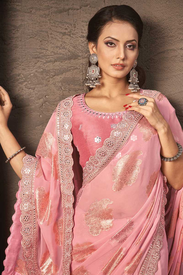 Party Style Peach Color Beauteous Saree In Georgette Fabric