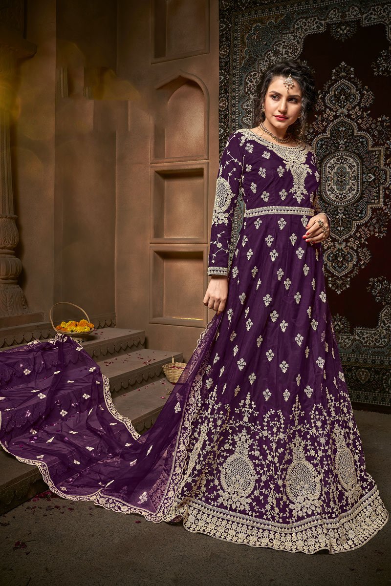 Net Fabric Party Wear Purple Color Designer Embroidered Anarkali Suit
