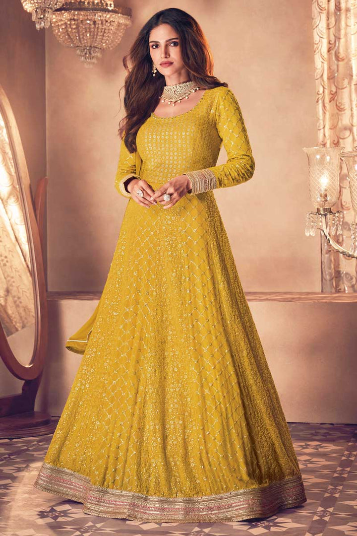 Vartika Sing Engaging Yellow Color Georgette Fabric Anarkali Suit