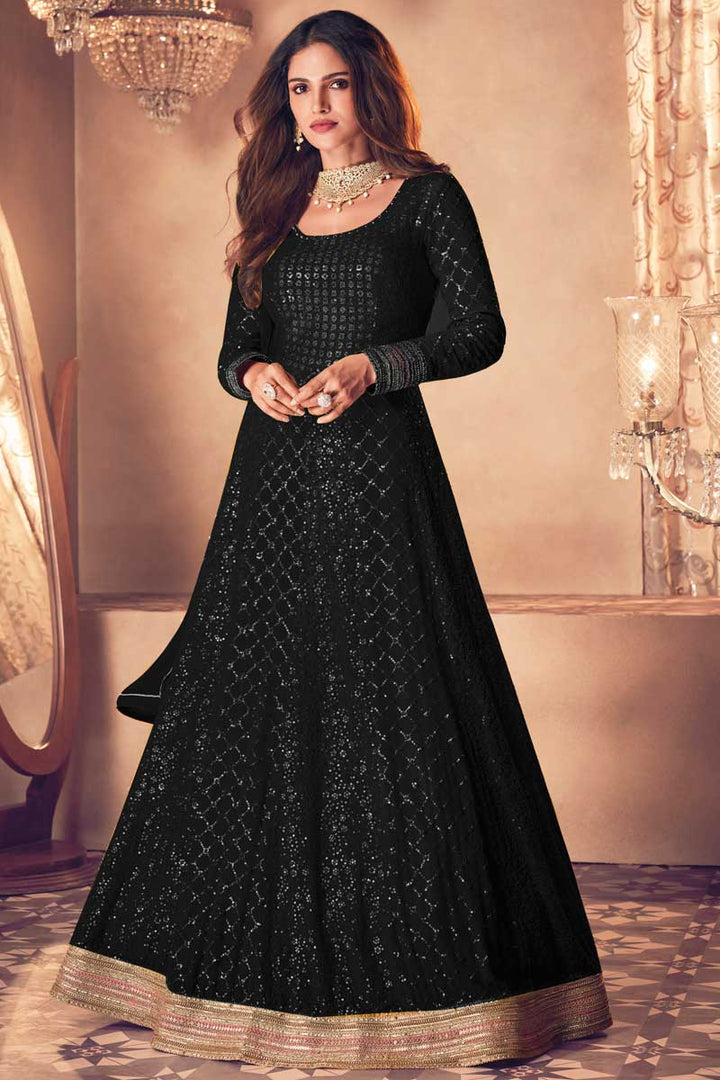 Vartika Sing Tempting Georgette Fabric Black Color Anarkali Suit
