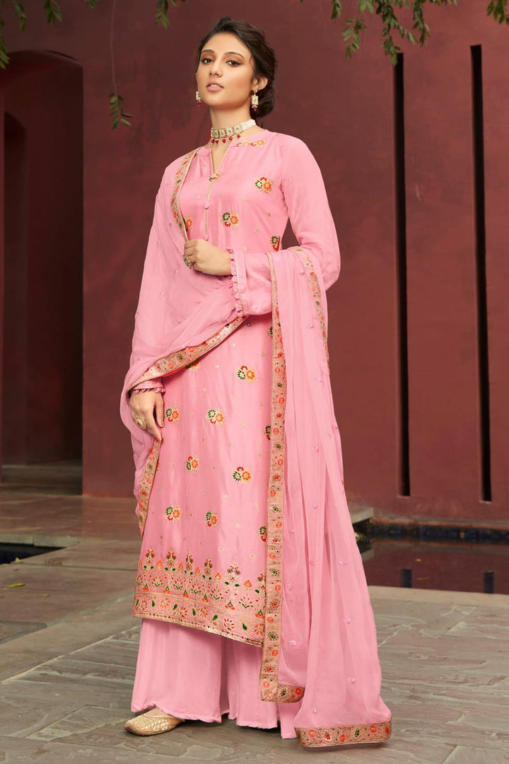 Jacquard Fabric Function Wear Fancy Weaving Work Palazzo Dress In Pink Color