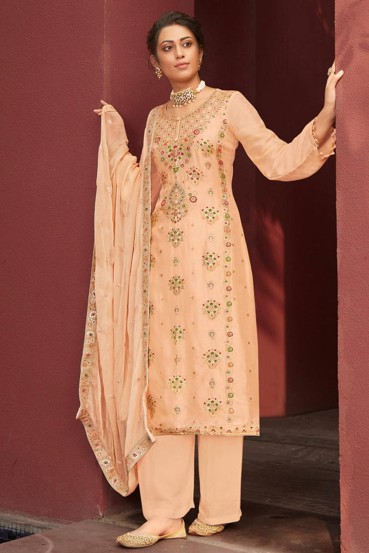 Jacquard Fabric Function Wear Fancy Weaving Work Peach Color Palazzo Suit