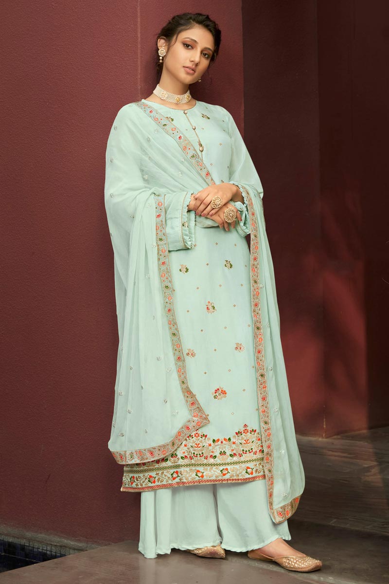 Light Cyan Color Function Wear Jacquard Fabric Fancy Weaving Work Palazzo Suit